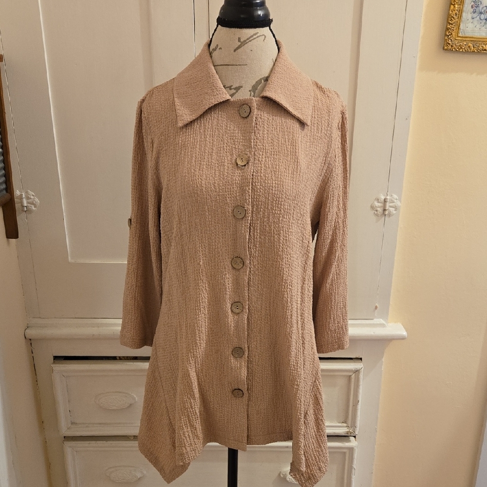 Nina Leonard tan button-down stretch tunic Sz L 🎁